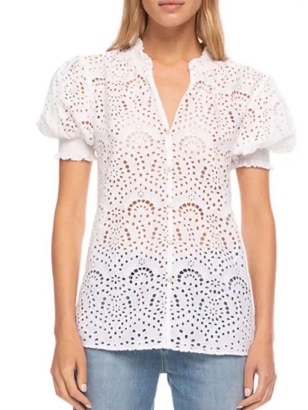 Robert Graham Mila Eyelet Blouse Small NWT White Cotton Puff Sleeve Top $248